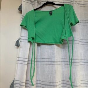 wild fable Bright Green Ribbed Tie-Front Crop Top